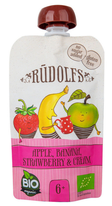 BIO ovocná kapsička se smetanou jablko, banán, jahoda 110 g Rudolfs